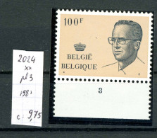 Belgique       N ° 2024 Xx  Planches 3  (100 F  Baudouin) - 1981-1990