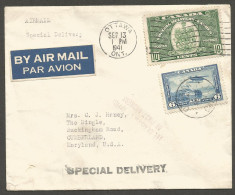 1941 Special Delivery 16c Airmail #C6/#E7 Ottawa Ontario Elmwood School Rockcliffe Park - Postgeschichte