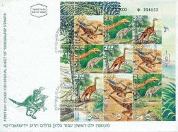 ISRAEL 2000 DINOSAURS 9 STAMP DECORATED SHEET FDC - Briefe U. Dokumente