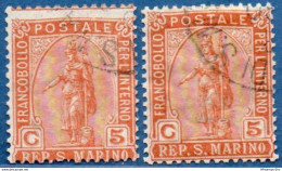 San Marino 1899 Goddess 5 C Color Shades 2 Values Cancelled - 2005.2623 - Used Stamps