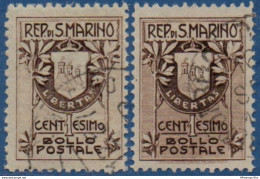 San Marino 1907 Armories 1 C, Both Printings, 2 Values Cancelled - 2005.2629 - Gebraucht