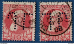 Belgium 1905, J.L. Perfin On 10 C Leopold III 2 Stamps, Positions, 2106.1903 Cancelled Charleroi - 1863-09