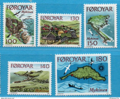 Faeroër 1978 Island Of Mykines 5 Values MNH 78-01 Faroe Islands, Foeroyar, Map, Scenery, Coastal Strip, Bird Nests - Géographie