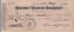 Cheque Banco Agrícola De Puerto Principe. Liceo De Camaguey, 1922 - Cheques & Traveler's Cheques