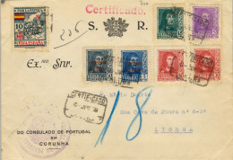 1938 CORUÑA , CORREO CONSULAR , CERTIFICADO A LISBOA , TRÁNSITO DE VIGO Y LLEGADA , VIÑETA POR LA PATRIA - Briefe U. Dokumente