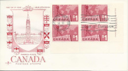 24623) Canada FDC $1 Export Crate Plate Block - Números De Planchas & Inscripciones