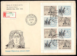 HUNGARY(1977) Newton. Double Convex Lens. Registered FDC With Cachet And Thematic Cancel. Scott No 2485. Full Sheetlet. - FDC
