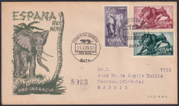 F-EX45734 RIO MUNI SPAIN 1961 REG FDC PRO-CHILDREN ELEPHANT MANDRIL MONKEY TO BARNA.  - Rio Muni