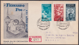 F-EX45742 FERNANDO POO 1965 REG FDC XXV YEAR OF PEACE LEARNING FRUIT TO SPAIN.  - Fernando Po