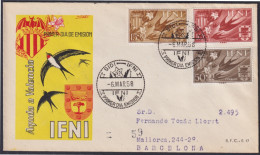 F-EX45772 IFNI 1958 REG FDC PRO-VALENCIA BIRD SEAGULL FLOWER TO SPAIN.  - Ifni