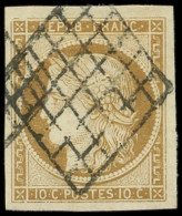 EMISSION DE 1849 - 1    10c. Bistre-jaune, Obl. GRILLE, Belles Marges, TTB/Superbe - 1849-1850 Ceres