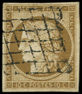 EMISSION DE 1849 - 1c   10c. Bistre-VERDATRE FONCE, Obl. GRILLE, Nuance Certifiée Calves, TB - 1849-1850 Ceres