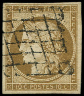 EMISSION DE 1849 - 1c   10c. Bistre-VERDATRE FONCE, Obl. GRILLE, Nuance Certifiée Calves, TB - 1849-1850 Cérès