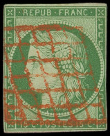 EMISSION DE 1849 - 2    15c. Vert, Filet Coupé, Obl. GRILLE ROUGE, Frappe TB - 1849-1850 Ceres