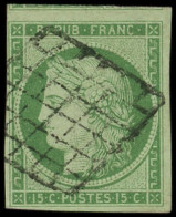 EMISSION DE 1849 - 2a   15c. Vert Clair, Obl. GRILLE, Voisin En Haut, TTB. S - 1849-1850 Cérès