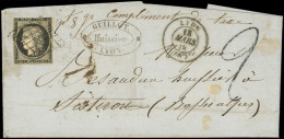 Let EMISSION DE 1849 - 3    20c. Noir Sur Jaune, Touché, Obl. GRILLE S. LAC, Càd T15 LYON 18/3/49, Taxe 2 Au Tampon (2e  - 1849-1876: Période Classique