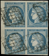 EMISSION DE 1849 - 4    25c. Bleu, BLOC De 4 Petit Bdf, Obl. GRILLE, 1 Ex. Filet Coupé Dans Un Angle, Les Autres TB - 1849-1850 Cérès