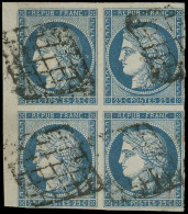 EMISSION DE 1849 - 4    25c. Bleu, BLOC De 4 Petit Bdf, Obl. GRILLE, 1 Ex. Filet Coupé Dans Un Angle, Les Autres TB - 1849-1850 Ceres