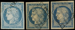 EMISSION DE 1849 - 4    25c. Bleu, 3 Nuances, Obl. GRILLE (2) Et PC, TB - 1849-1850 Cérès