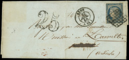 Let EMISSION DE 1849 - 4    25c. Bleu, Obl. GRILLE S. LAC, Càd T15 LYON 17/7/50 Et Taxe 25 DT, Arr. Privas, TB - 1849-1876: Periodo Classico