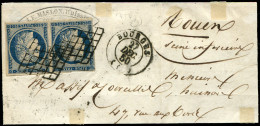 Let EMISSION DE 1849 - 4    25c. Bleu, PAIRE Obl. GRILLE S. LSC, Càd T15 BOURGES 27/12/50, TB - 1849-1876: Période Classique