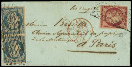 Let EMISSION DE 1849 - 4 Et 6, 25c. Bleu PAIRE Et 1f. Carmin, Obl. GRILLE SANS FIN S. LSC, Càd ROUGE 2 ANGL. 2 CALAIS 24 - 1849-1876: Periodo Classico