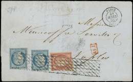 Let EMISSION DE 1849 - 4 Et 6, 25c. Bleu (2) Et 1f. Carmin, Obl. GRILLE SANS FIN S. LAC, Càd Paris 31/3/52, Arr. NAPOLI, - 1849-1876: Classic Period