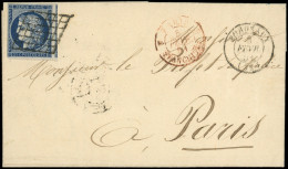 Let EMISSION DE 1849 - 4a   25c. Bleu Foncé, Obl. GRILLE S. LAC, Càd T15 BORDEAUX 3/2/51, Càd Rouge PARIS FRANCHISES 5/2 - 1849-1876: Periodo Classico