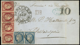 Let EMISSION DE 1849 - 6     1f. Carmin, BANDE De 4 Défse Et N°4 25c. Bleu PAIRE (1 Ex. Déf.) Obl. GRILLE S. LAC, Càd PA - 1849-1876: Periodo Clásico