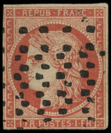 EMISSION DE 1849 - 7a    1f. VERMILLON VIF, Filet Inférieur Touché, Obl. GROS POINTS, Belle Nuance, Certif. Calves - 1849-1850 Ceres