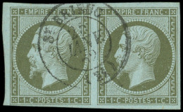 EMPIRE NON DENTELE - 11    1c. Vert-olive, PAIRE Obl. Càd T15 ST BRIEUC 25/1/62, TB - 1853-1860 Napoleone III