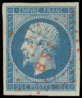 EMPIRE NON DENTELE - 14A  20c. Bleu, T I, Obl. Los. BSE En Rouge, Bureau Spécial De L'Empereur, Un Trou D'épingle Mais F - 1853-1860 Napoleone III
