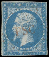 EMPIRE NON DENTELE - 14A  20c. Bleu, T I, Défx, Obl. Los. Rouge PSC, R, B/TB - 1853-1860 Napoléon III.