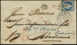 Let EMPIRE NON DENTELE - 14A  20c. Bleu, P.d., Obl. PC 441 S. LAC De LUBECK 22/6/55, Différents Cachets, Arr. BORDEAUX E - 1849-1876: Classic Period