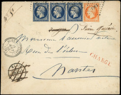 Let EMPIRE NON DENTELE - 14Aa 20c. Bleu Foncé, T I, BANDE De 3 (1 Ex. Au Filet) Et N°16 40c. Orange Défx Obl. PC 1461 S. - 1849-1876: Période Classique