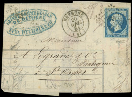 Let EMPIRE NON DENTELE - 14Ba 20c. Bleu Sur VERT, T II, Obl. PC 335 S. LAC, Càd T15 BETHUNE 20/4/61, TB - 1849-1876: Classic Period