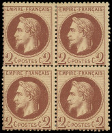 * EMPIRE LAURE - 26Aa  2c. CHOCOLAT Foncé, T I, BLOC De 4, Superbe Et RR Nuance, TB - 1863-1870 Napoléon III Con Laureles