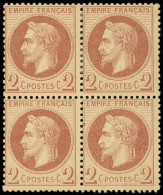 * EMPIRE LAURE - 26A   2c. Rouge-brun, T I, BLOC De 4, Centrage Courant, Un Ex. **, TB. C - 1863-1870 Napoleon III With Laurels