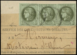 EMISSION DE BORDEAUX - 39A   1c. Olive, R I, BANDE De 3 Obl. Càd T24 S. Fragt De Bande D'Imprimé, RR, TB - 1870 Ausgabe Bordeaux