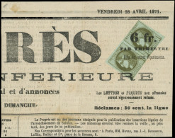 EMISSION DE BORDEAUX - 39Cb  1c. Olive Foncé, R III, PAIRE Obl. TYPO S. Grand Fragt De Journal Du 28/4/71, TB - 1870 Bordeaux Printing