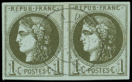EMISSION DE BORDEAUX - 39Cb  1c. Olive Foncé, R III, Pos. 6-7, PAIRE Obl. Càd, TTB - 1870 Bordeaux Printing
