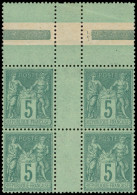 ** TYPE SAGE - 75    5c. Vert, BLOC De 4 Bdf, SANS Mill., Rousseur Sur Bord Sup., Ch. Sur Intervalle, TP **, TB - 1876-1898 Sage (Type II)