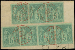 TYPE SAGE - 75    5c. Vert, BANDE De 3 Et BANDE De 4 Obl. Càd Octog. Rouge HAVANE/PAQ FR B N°3 29/12/84 S. Fragt, TB - 1876-1898 Sage (Tipo II)