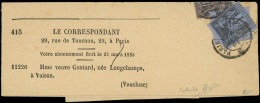 Let TYPE SAGE SUR LETTRES - N°83c 1c. Noir S. COBALT Obl. S. Bande De Journal Avec 10c. Replié, RR, TB. C, Cote 2000 - 1877-1920: Période Semi Moderne