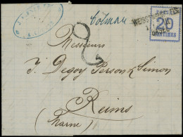 Let ALSACE-LORRAINE - 6   20c. Bleu Obl. Amb. WEISSENBURG I. ELS./BASEL S. LAC 8/71, "Colmar" Manuscrit, Taxe 2, Arr. RE - Storia Postale