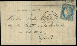 Let BALLONS MONTES - N°37 Obl. Etoile 27 S. Dépêche Ballon, Càd Gros Caillou 22/11/70 Pour BORDEAUX, TB. LA VILLE D'ORLE - Guerra Del 1870