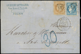 Let Guerre De 1870 -  N°28B Et 46B Obl. GC 3219 S. LAC, Càd T17 ROUEN 12/6/71, Taxe All. 30 En Bleu Et Arr. ARS An Der M - Krieg 1870