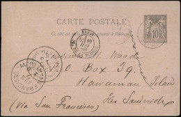 Let DESTINATIONS - CP Entier 10c. Obl. PARIS 19/5/89 Pour HAWAI, Passage San Francisco Le 7/6, Arr. HONOLULU Le 26/6, Ca - 1849-1876: Classic Period