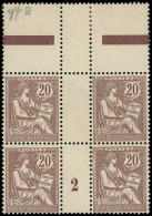 ** EMISSIONS DU XXe SIECLE - 126   Mouchon Retouché, 20c. Brun-lilas, BLOC De 4 Mill.2, Bdf (avec Ch. Sur Intervalle), F - Unused Stamps