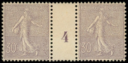 ** EMISSIONS DU XXe SIECLE - 133   Semeuse Lignée, 30c. Lilas, PAIRE Mill.4, Ch. Sur Intervalle, Timbres Très Bien Centr - Unused Stamps